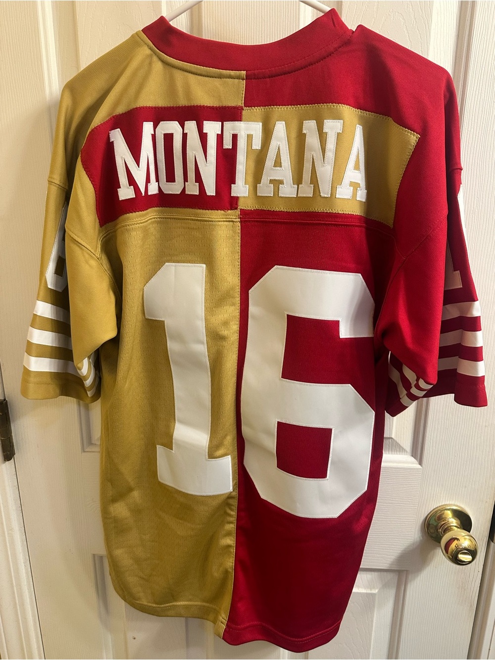 NFL Youth Size 40-medium Split Red & Gold Football Jersey Top-1990 Joe Montana - Picture 2 of 4
